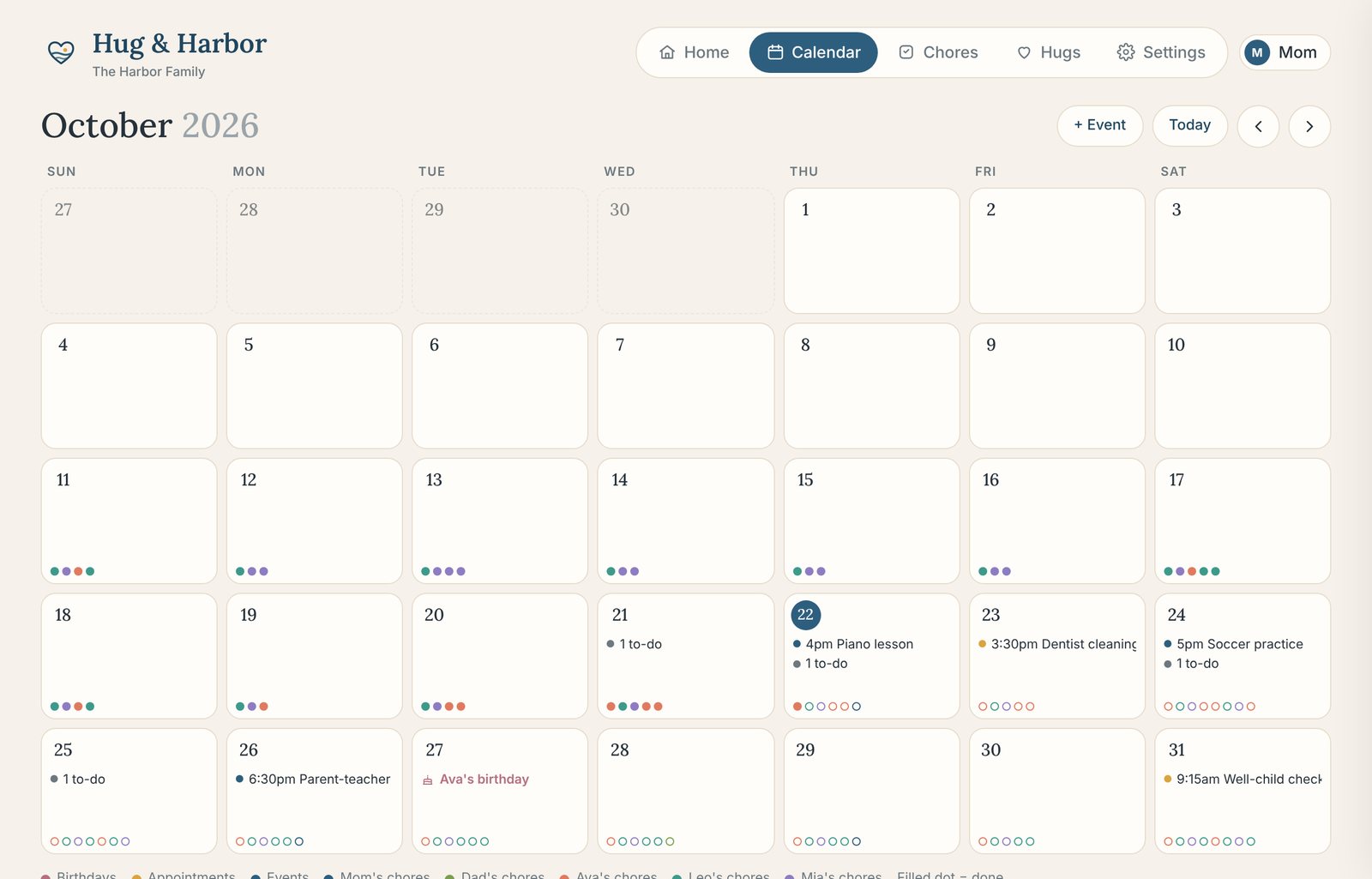 Family calendar month view with color-coded events and chores