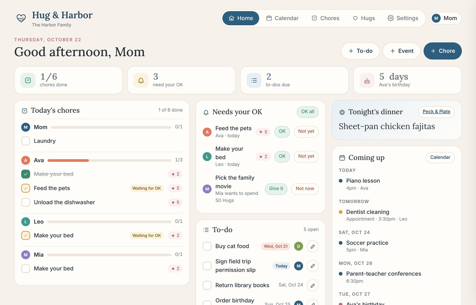Hug & Harbor home screen with today's chores, approvals, to-dos, tonight's dinner and what's coming up