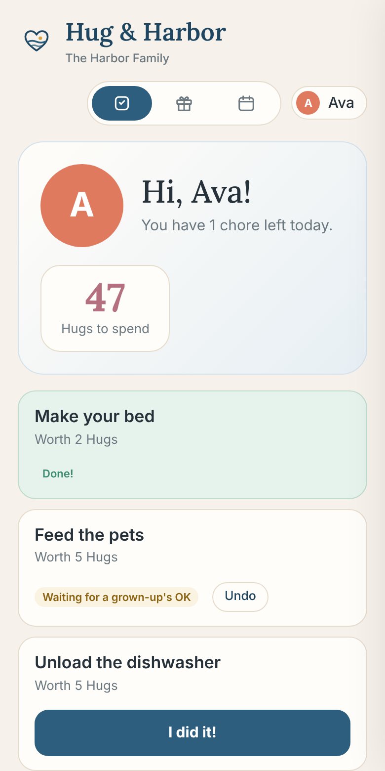 A kid's screen showing their chores and Hugs to spend